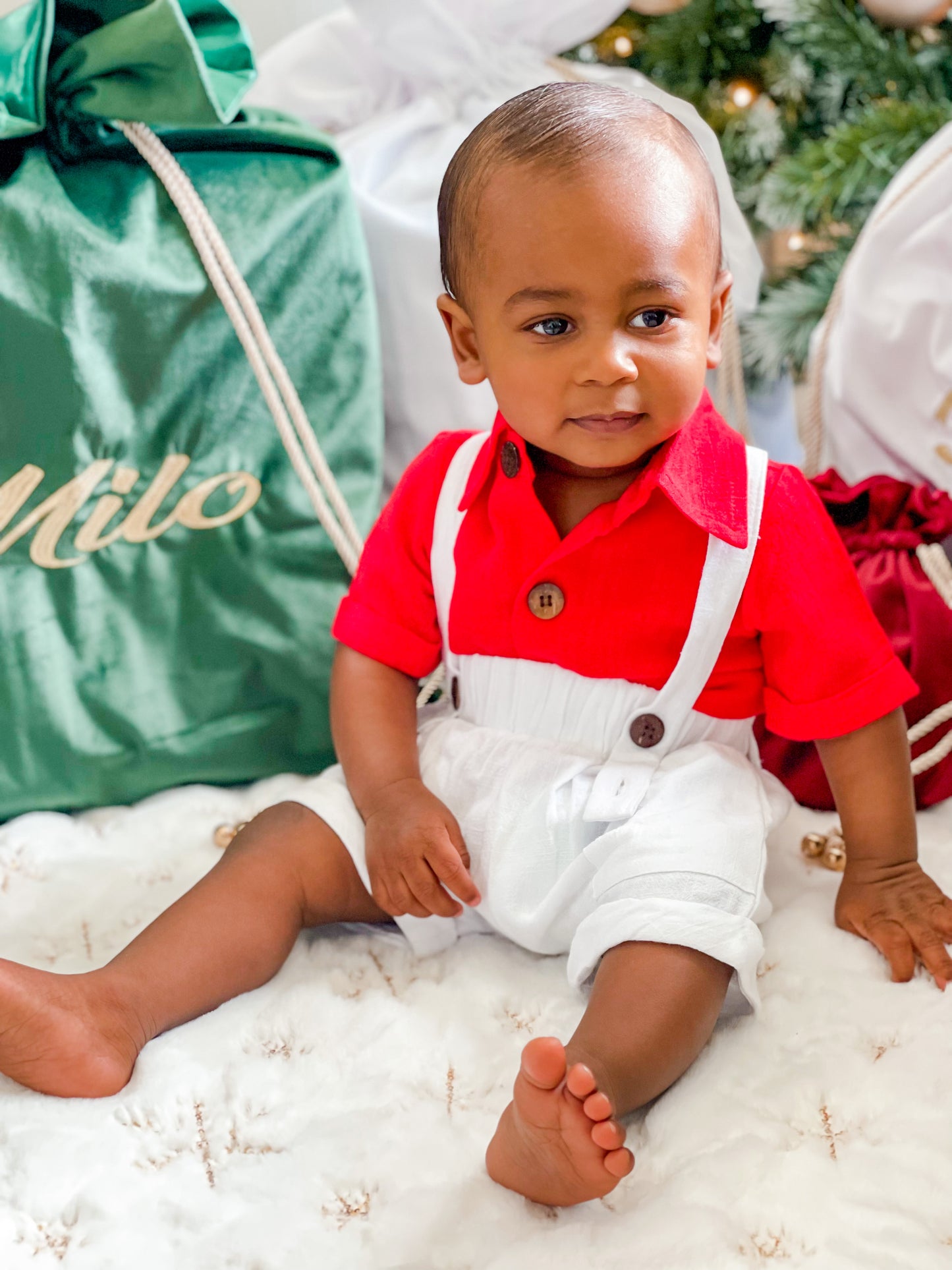 Boys Red Button Up Shirt & White Linen Overalls
