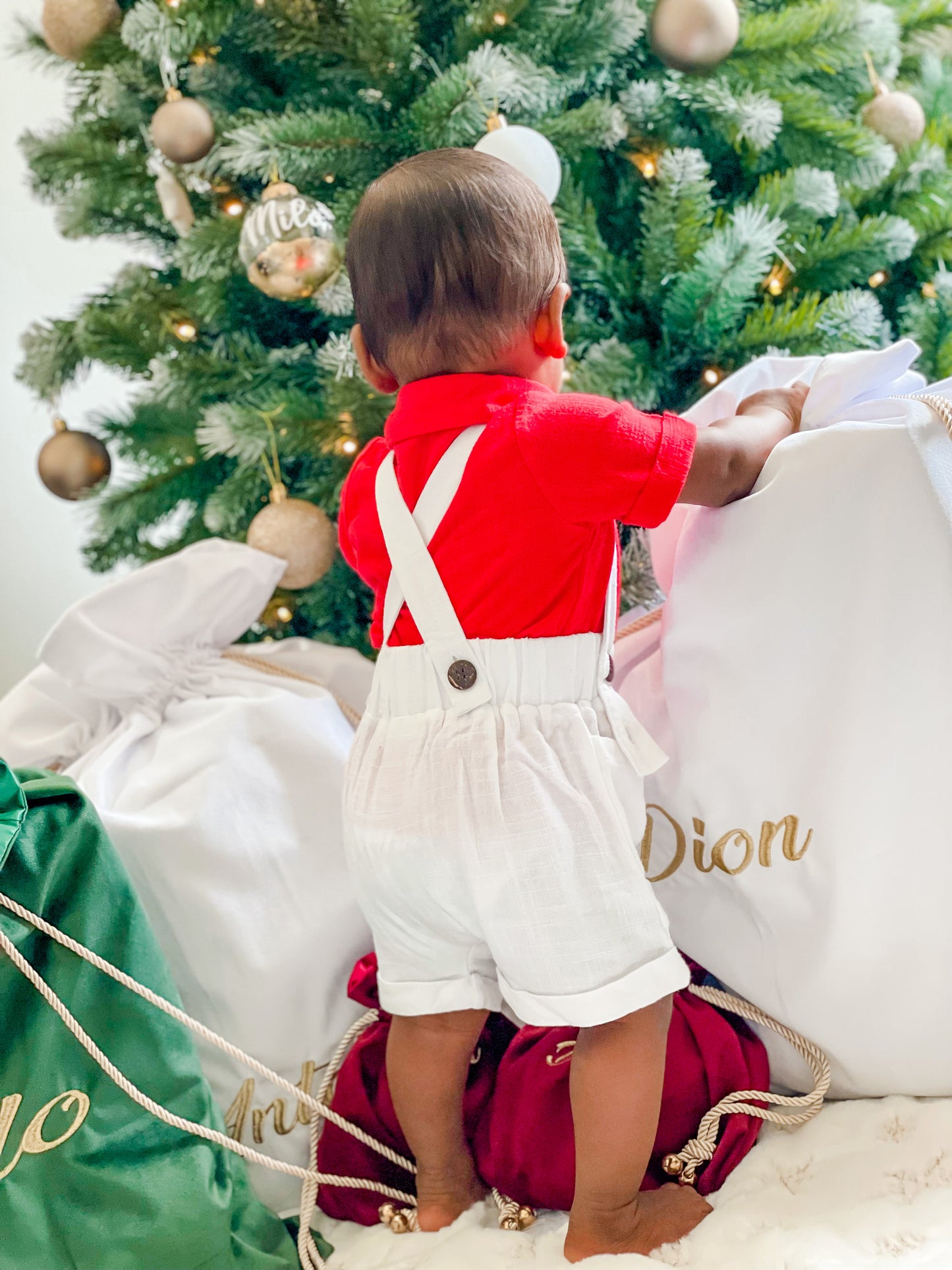 Boys Red Button Up Shirt & White Linen Overalls