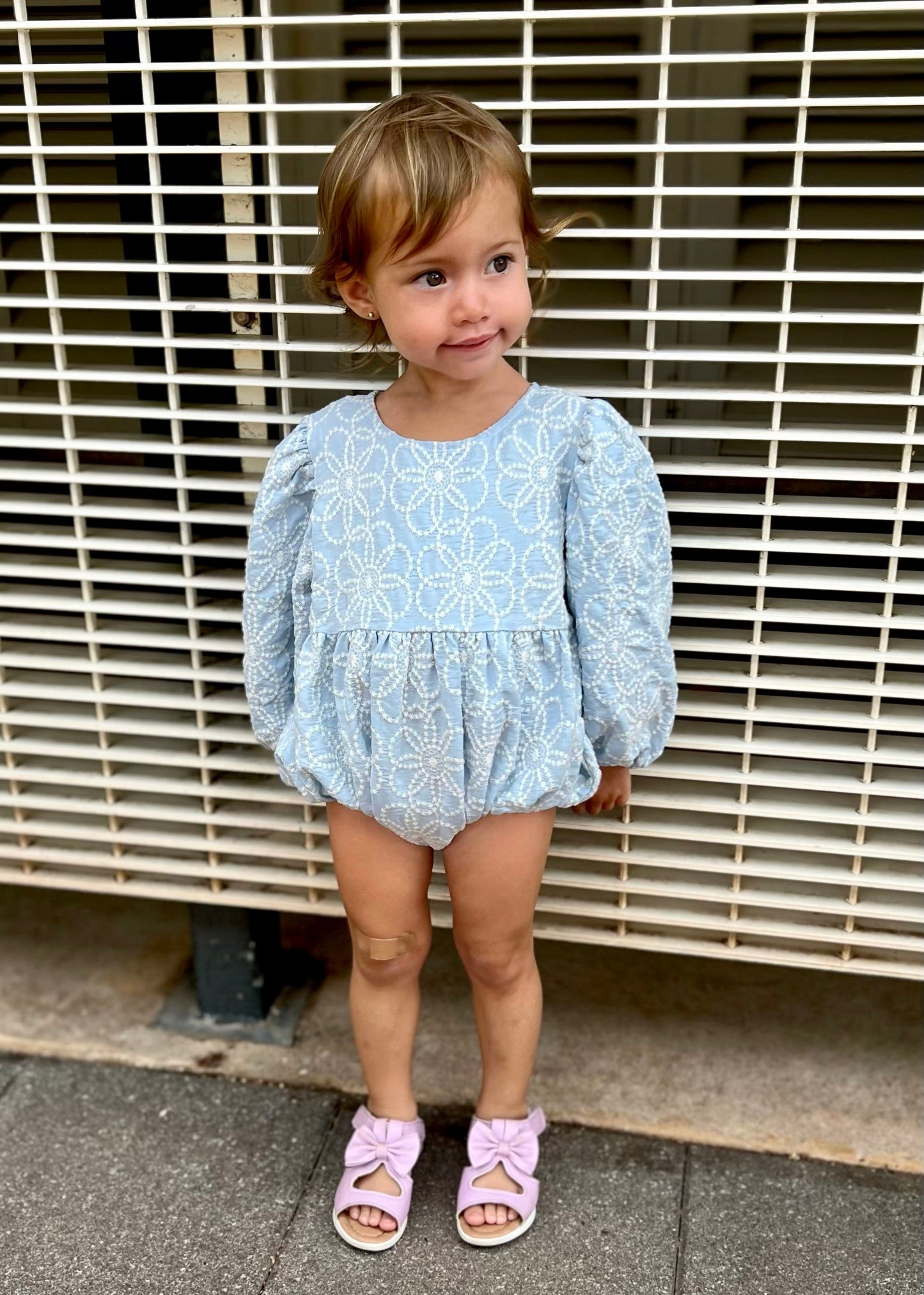 Blue Woven Bubble Lace Romper