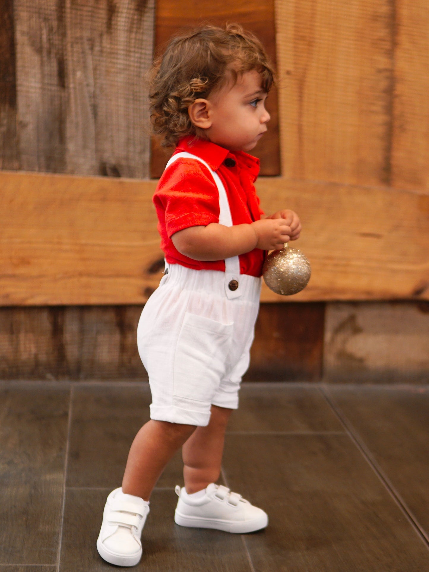 Boys Red Button Up Shirt & White Linen Overalls