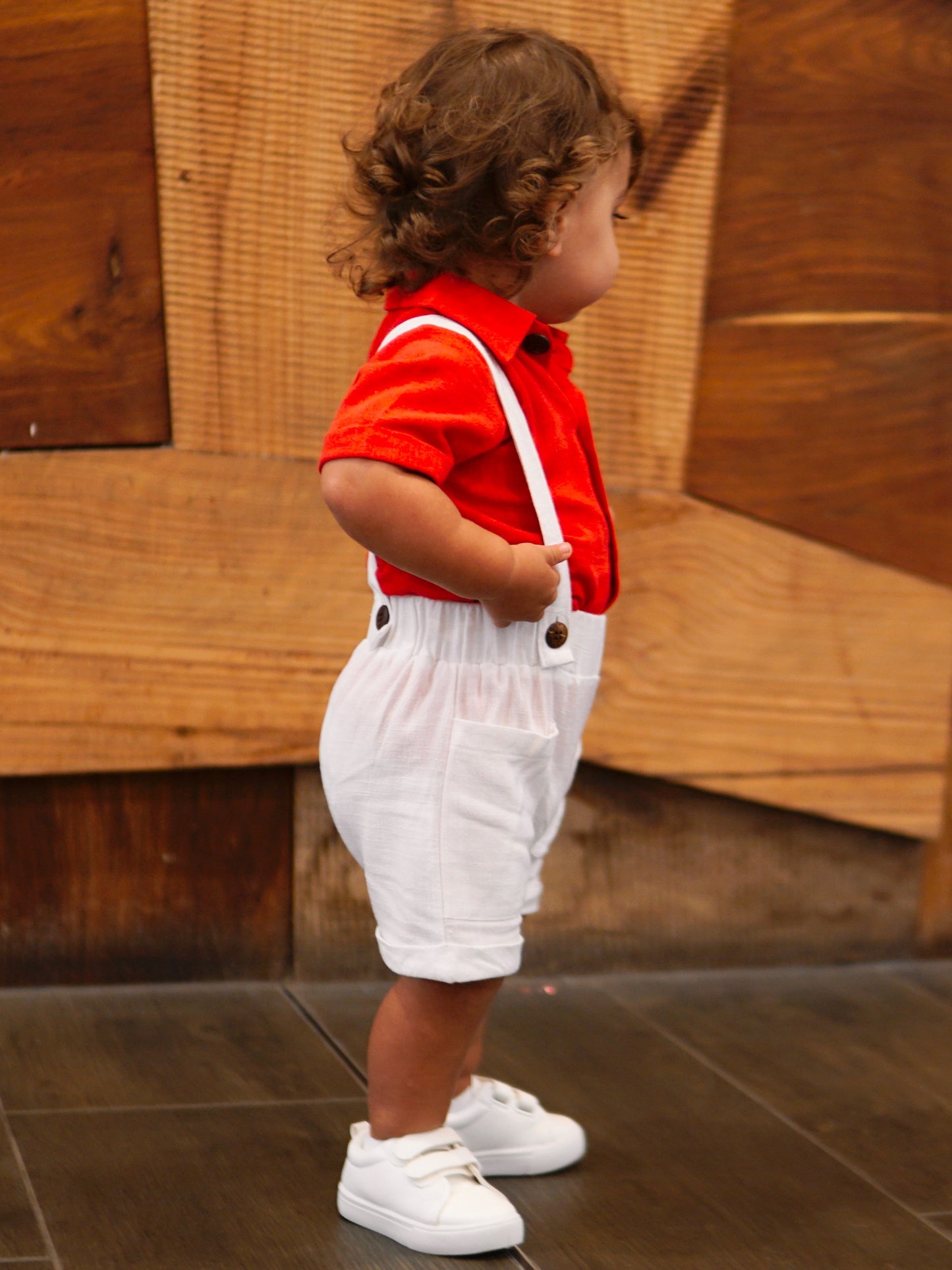 Boys Red Button Up Shirt & White Linen Overalls