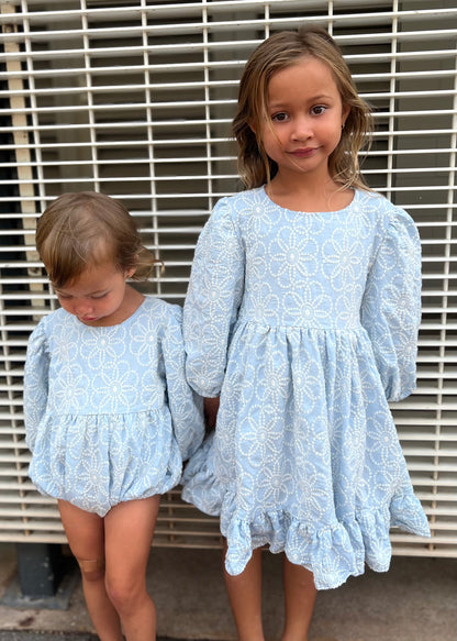 Blue Woven Bubble Lace Romper