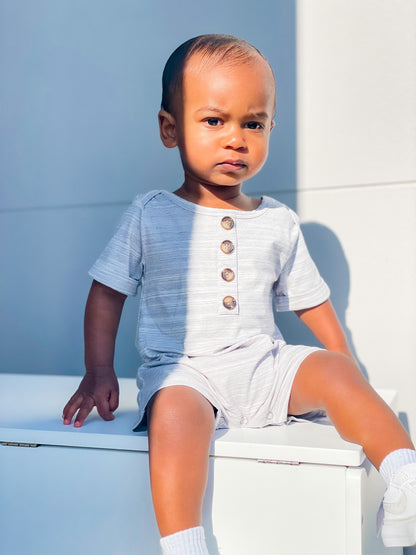 Dreamer Short Sleeve Romper - Gray Striped