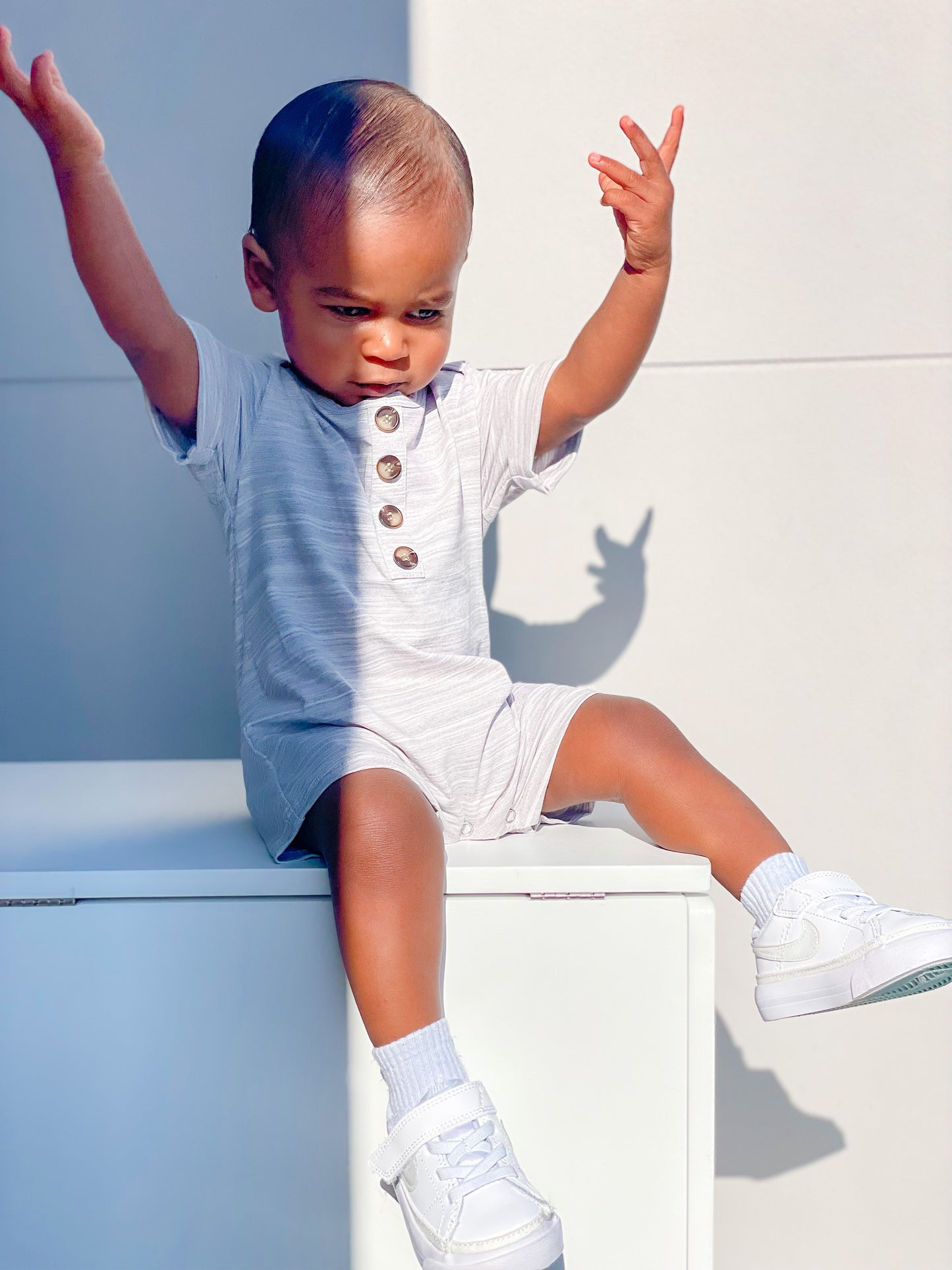 Dreamer Short Sleeve Romper - Gray Striped