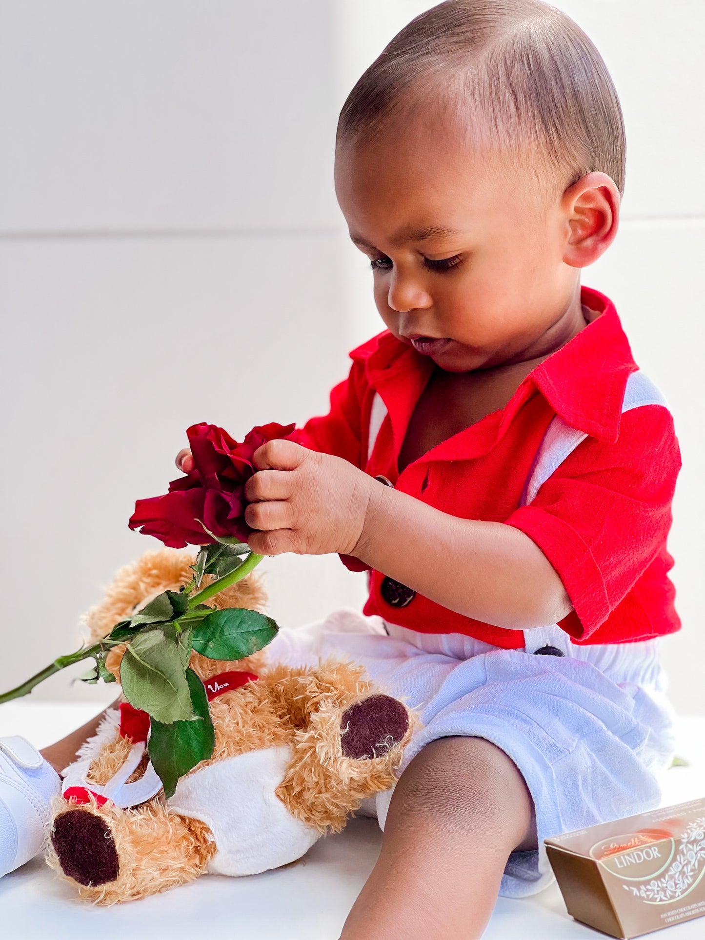 Boys Red Button Up Shirt & White Linen Overalls
