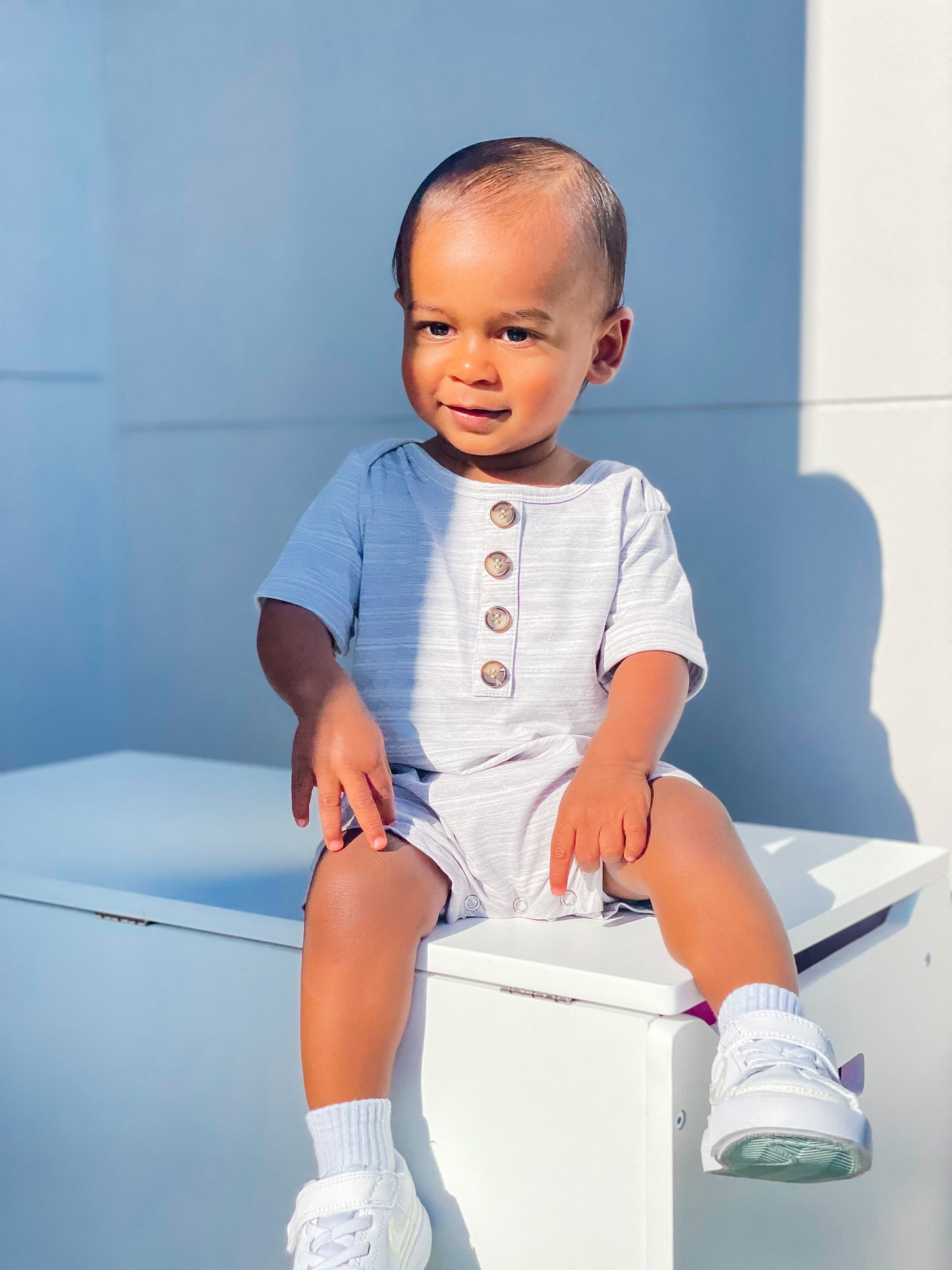 Dreamer Short Sleeve Romper - Gray Striped