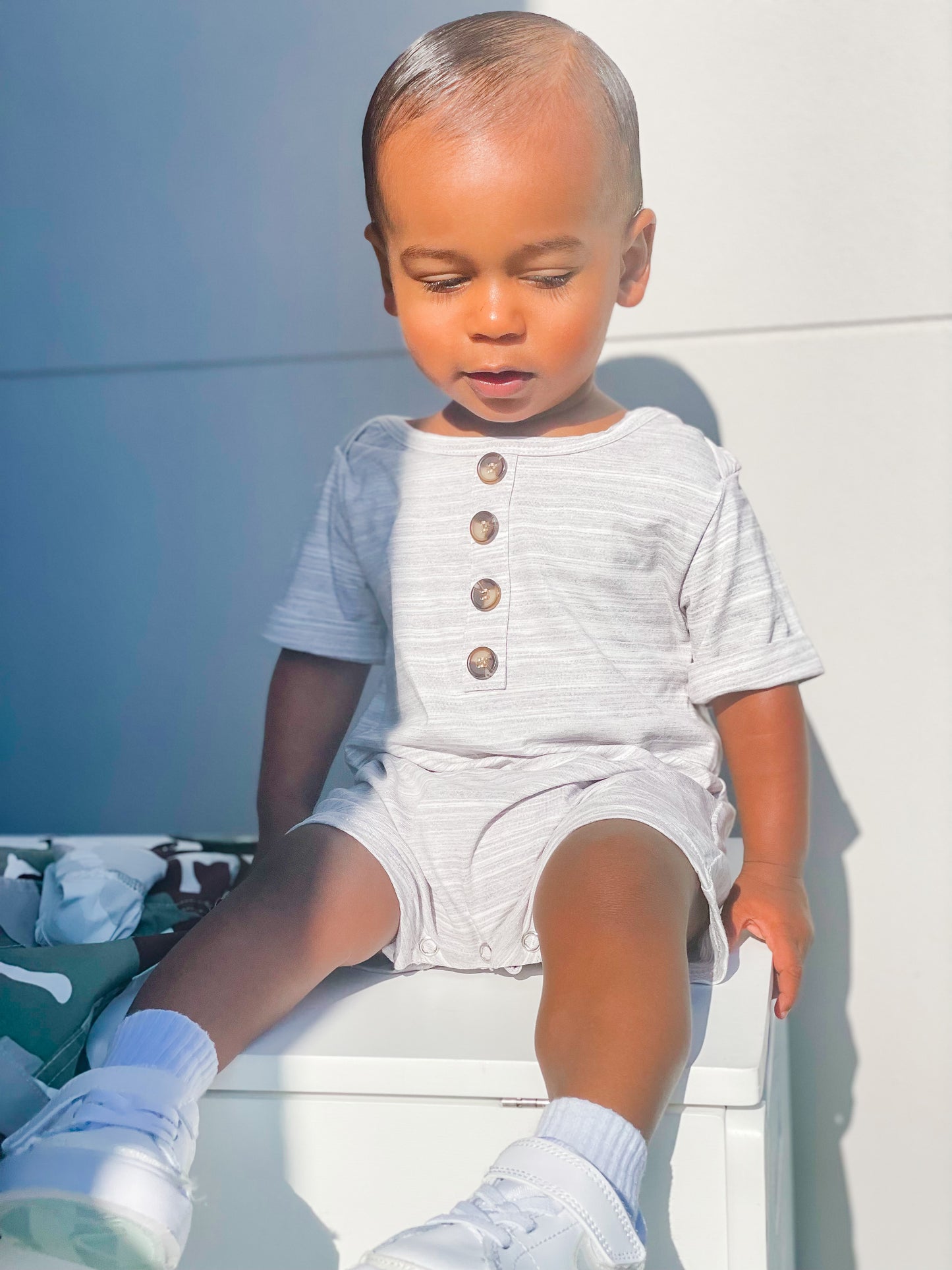 Dreamer Short Sleeve Romper - Gray Striped