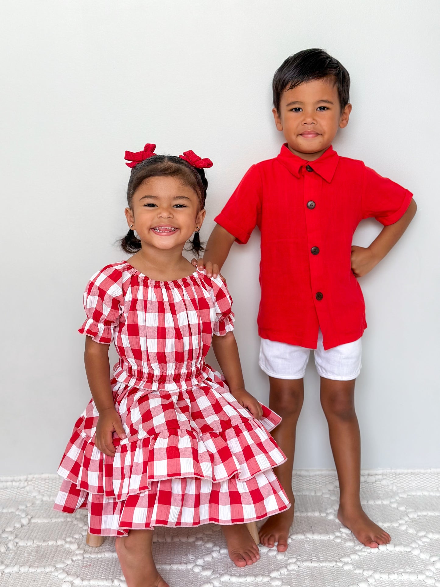 Boys Red Button Up Shirt & White Linen Overalls