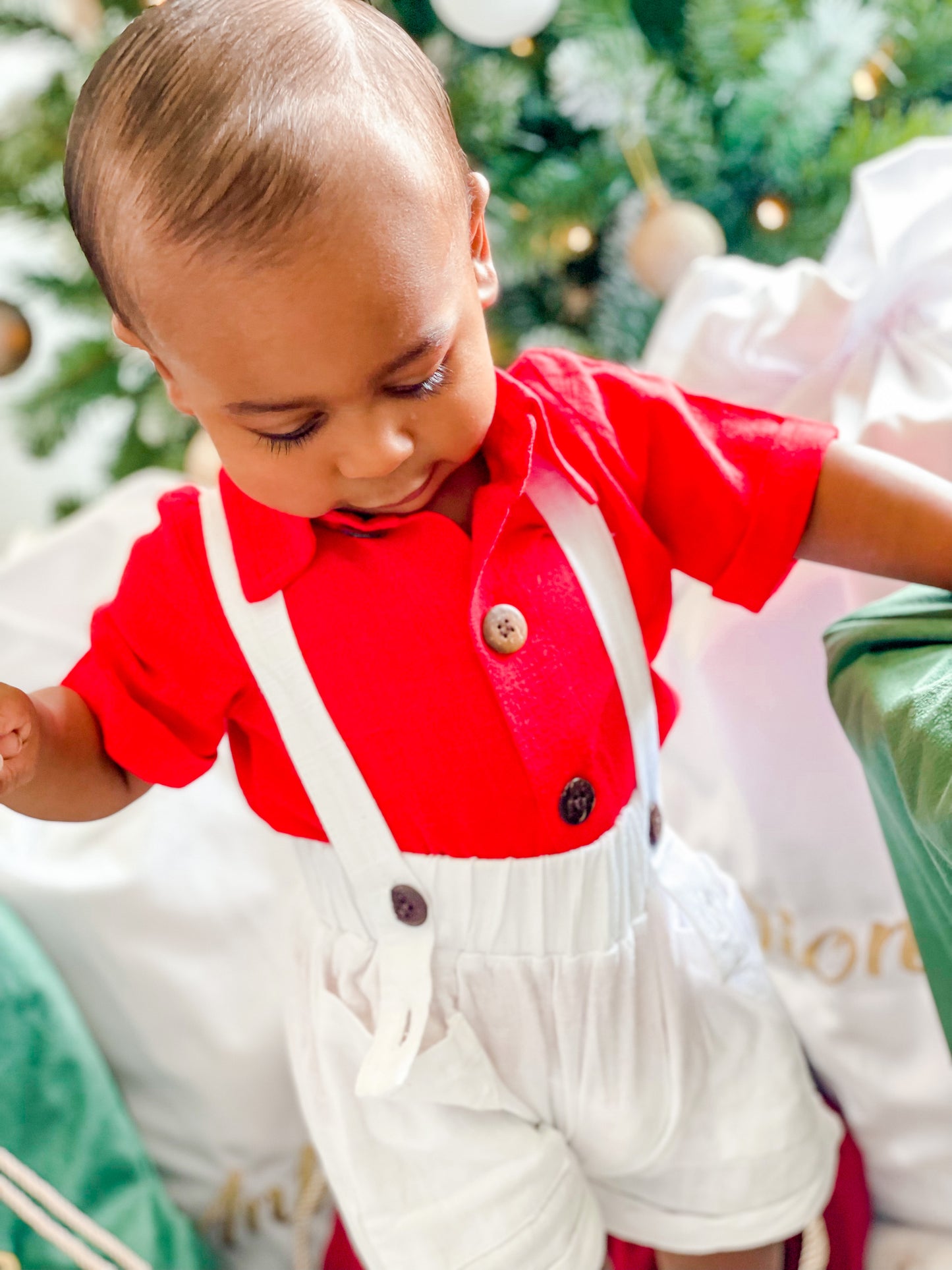 Boys Red Button Up Shirt & White Linen Overalls